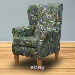 Grey Tropical Monkey Wingback Fireside Armchair Fryetts Botanical Cotton Fabric