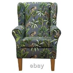 Grey Tropical Monkey Wingback Fireside Armchair Fryetts Botanical Cotton Fabric