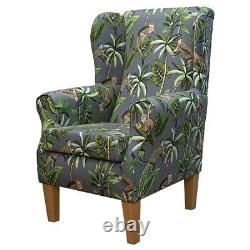 Grey Tropical Monkey Wingback Fireside Armchair Fryetts Botanical Cotton Fabric