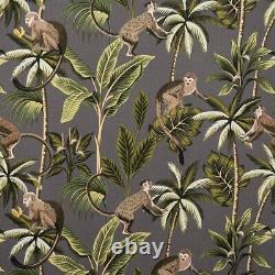 Grey Tropical Monkey Wingback Fireside Armchair Fryetts Botanical Cotton Fabric