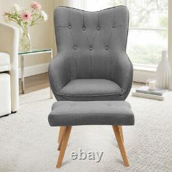 Grey Upholstered Wingback Chair High Back Armchair Fireside with Foot Stool Sofa