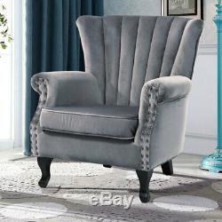 Grey Velvet Accent Tub Chair High Wing Back Fireside Armchair Padded Seat Sofa