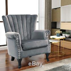 Grey Velvet Accent Tub Chair High Wing Back Fireside Armchair Padded Seat Sofa