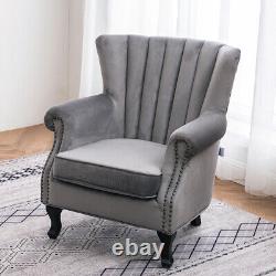 Grey Velvet Accent Tub Chair High Wing Back Fireside Armchair Padded Seater Sofa