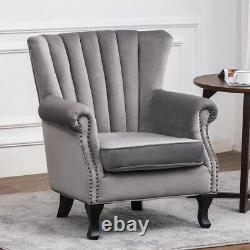 Grey Velvet Accent Tub Chair Scalloped Back Fireside Armchair Cushiony Seat Sofa