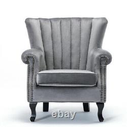 Grey Velvet Accent Tub Chair Scalloped Back Fireside Armchair Cushiony Seat Sofa