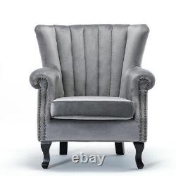 Grey Velvet Armchair Oyster Scallop Wing Back Chair Fireside Bedroom Lounge Sofa
