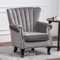 Grey Velvet Armchair Wingback Studded Fireside Tub Sofa Padded Seat Accent Chair