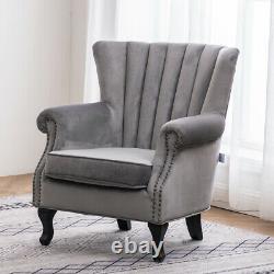 Grey Velvet Armchair Wingback Studded Fireside Tub Sofa Padded Seat Accent Chair