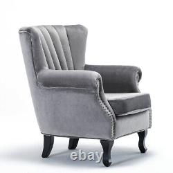 Grey Velvet Armchair Wingback Studded Fireside Tub Sofa Padded Seat Accent Chair