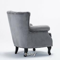 Grey Velvet Armchair Wingback Studded Fireside Tub Sofa Padded Seat Accent Chair