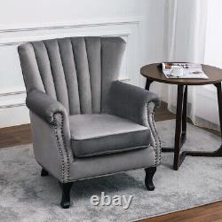 Grey Velvet Chesterfield Queen Anne Armchair High Wingback Fireside Chair