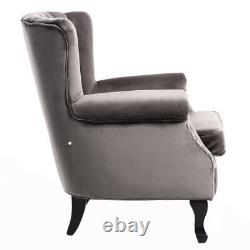 Grey Velvet Chesterfield Queen Anne Armchair High Wingback Fireside Chair