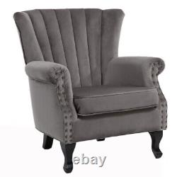 Grey Velvet Chesterfield Queen Anne Armchair High Wingback Fireside Chair