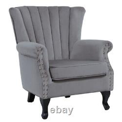 Grey Velvet Chesterfield Queen Anne Armchair High Wingback Fireside Chair