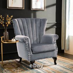 Grey Velvet Chesterfield Queen Anne Armchair High Wingback Fireside Chair