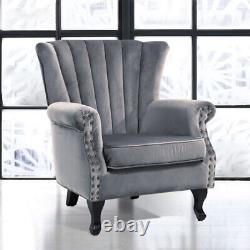 Grey Velvet Chesterfield Queen Anne Armchair High Wingback Fireside Chair