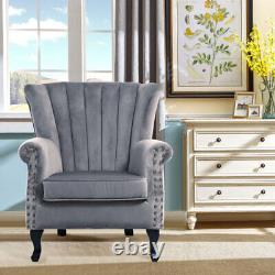 Grey Velvet Chesterfield Queen Anne Armchair High Wingback Fireside Chair