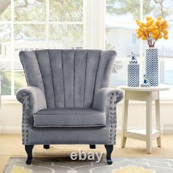 Grey Velvet Chesterfield Queen Anne Armchair High Wingback Fireside Chair