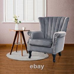 Grey Velvet Chesterfield Queen Anne Armchair High Wingback Fireside Chair