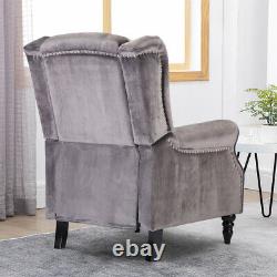 Grey Velvet Recliner Chair Button Tufted Fireside Armchair Home Living Room BN