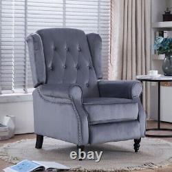 Grey Velvet Recliner Chair Padded Seat Fireside Armchair Lounge Sofa Chair