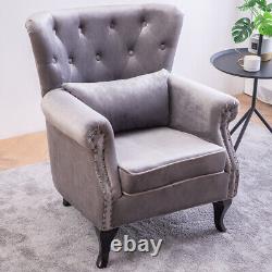 Grey Velvet Single Sofa Chair Buttoned Wing Back Fireside Armchair Lounge Chairs