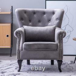 Grey Velvet Single Sofa Chair Buttoned Wing Back Fireside Armchair Lounge Chairs