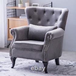 Grey Velvet Single Sofa Chair Buttoned Wing Back Fireside Armchair Lounge Chairs