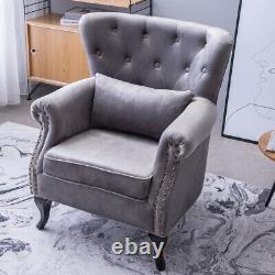 Grey Velvet Single Sofa Chair Buttoned Wing Back Fireside Armchair Lounge Chairs