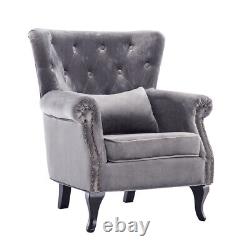 Grey Velvet Single Sofa Chair Buttoned Wing Back Fireside Armchair Lounge Chairs