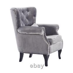 Grey Velvet Single Sofa Chair Buttoned Wing Back Fireside Armchair Lounge Chairs