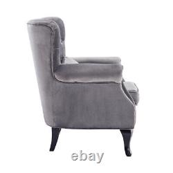 Grey Velvet Single Sofa Chair Buttoned Wing Back Fireside Armchair Lounge Chairs