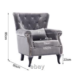 Grey Velvet Single Sofa Chair Buttoned Wing Back Fireside Armchair Lounge Chairs