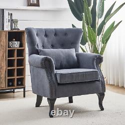 Grey Velvet Wing Back Sofa Chair Fabric Button Fireside Occasional Armchair Seat