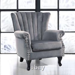 Grey Vintage Large High Wingback Armchair Velvet Seat Fireside Lounge Tub Chairs