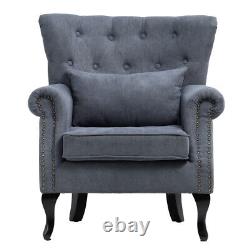 Grey Wing Back Armchair Linen Upholstered Sofa Chair Seat Living Room Fireside