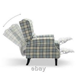 Grey Wing Back Fireside Check Fabric Recliner Armchair Sofa Lounge Chair Seat