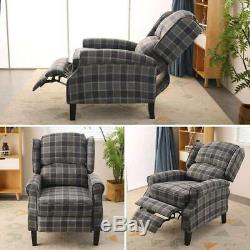 Grey Wing Back Tartan Fabric Armchair Check Sofa Fireside Recliner Chair