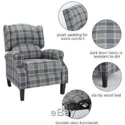 Grey Wing Back Tartan Fabric Armchair Check Sofa Fireside Recliner Chair