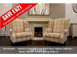 HSL Glenmore New Neutral Plaid Check Classic GRANDE' Fireside Wing Chairs x2