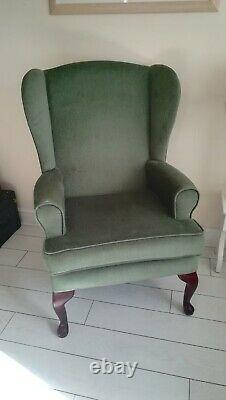 HSL Wing Back Armchair Fireside Chair Queen Anne Legs Wood Frame Green Fabric