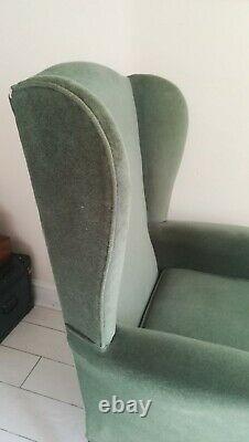 HSL Wing Back Armchair Fireside Chair Queen Anne Legs Wood Frame Green Fabric