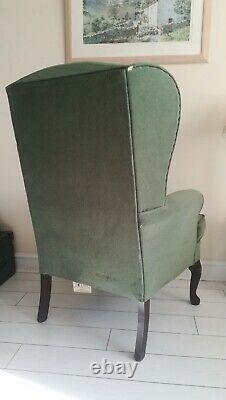 HSL Wing Back Armchair Fireside Chair Queen Anne Legs Wood Frame Green Fabric