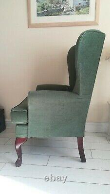 HSL Wing Back Armchair Fireside Chair Queen Anne Legs Wood Frame Green Fabric