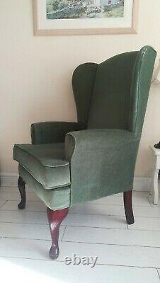 HSL Wing Back Armchair Fireside Chair Queen Anne Legs Wood Frame Green Fabric