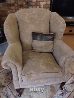 Handcrafted Fireside Wingback Armchair Natural Colour with Brown Leather Trim