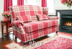Handmade 2 Seater Sofa Accent Wing Fireside Cottage Balmoral Red Fabric Tartan