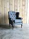 Handmade Grey Wool Fabric Chesterfield Wing Armchair, Fireside Wing Chair