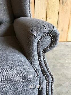 Handmade Grey Wool Fabric Chesterfield Wing Armchair, Fireside Wing Chair